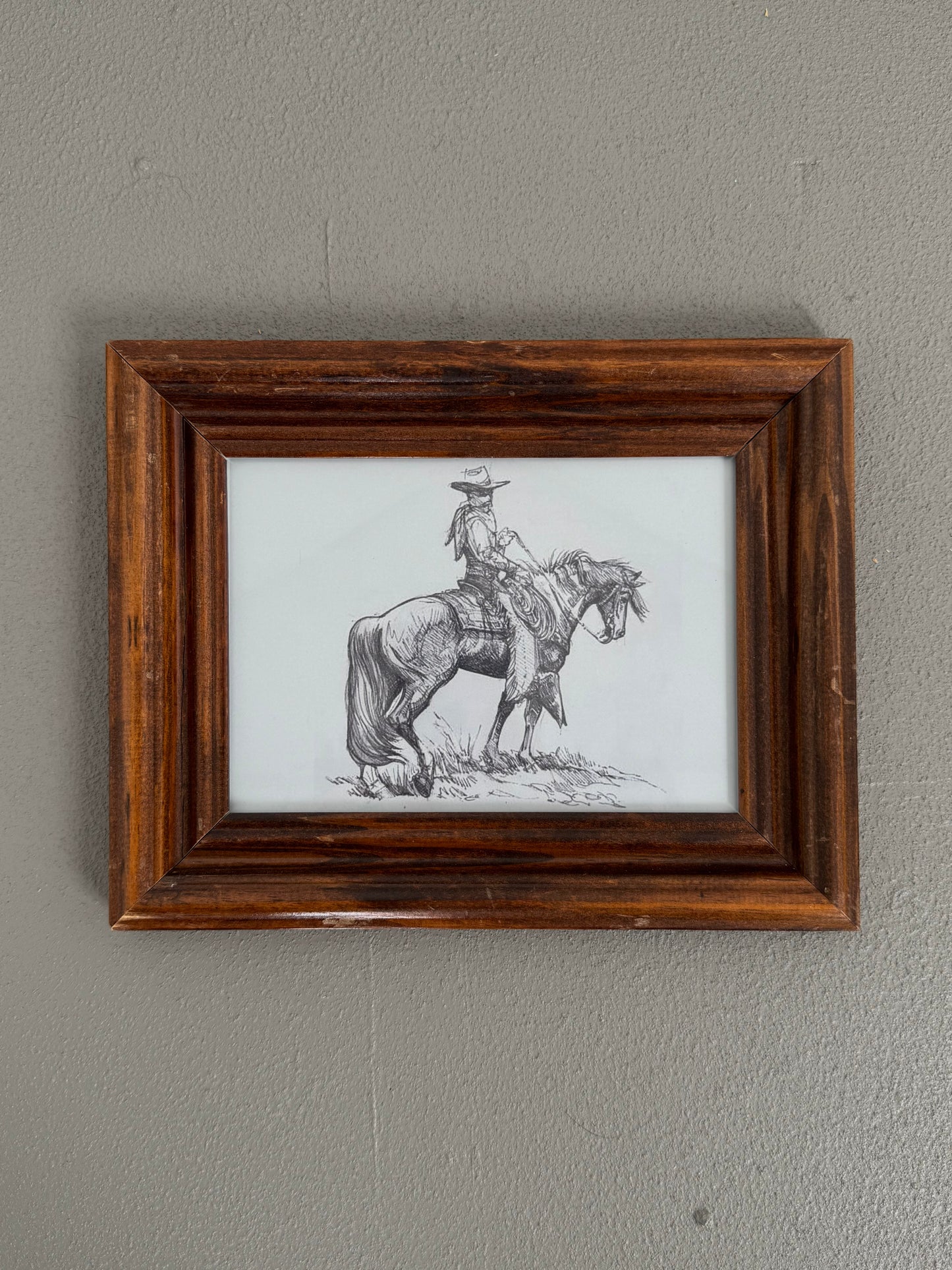 Vintage 5x7 Wood Frame w/ Cowboy & Horse Print