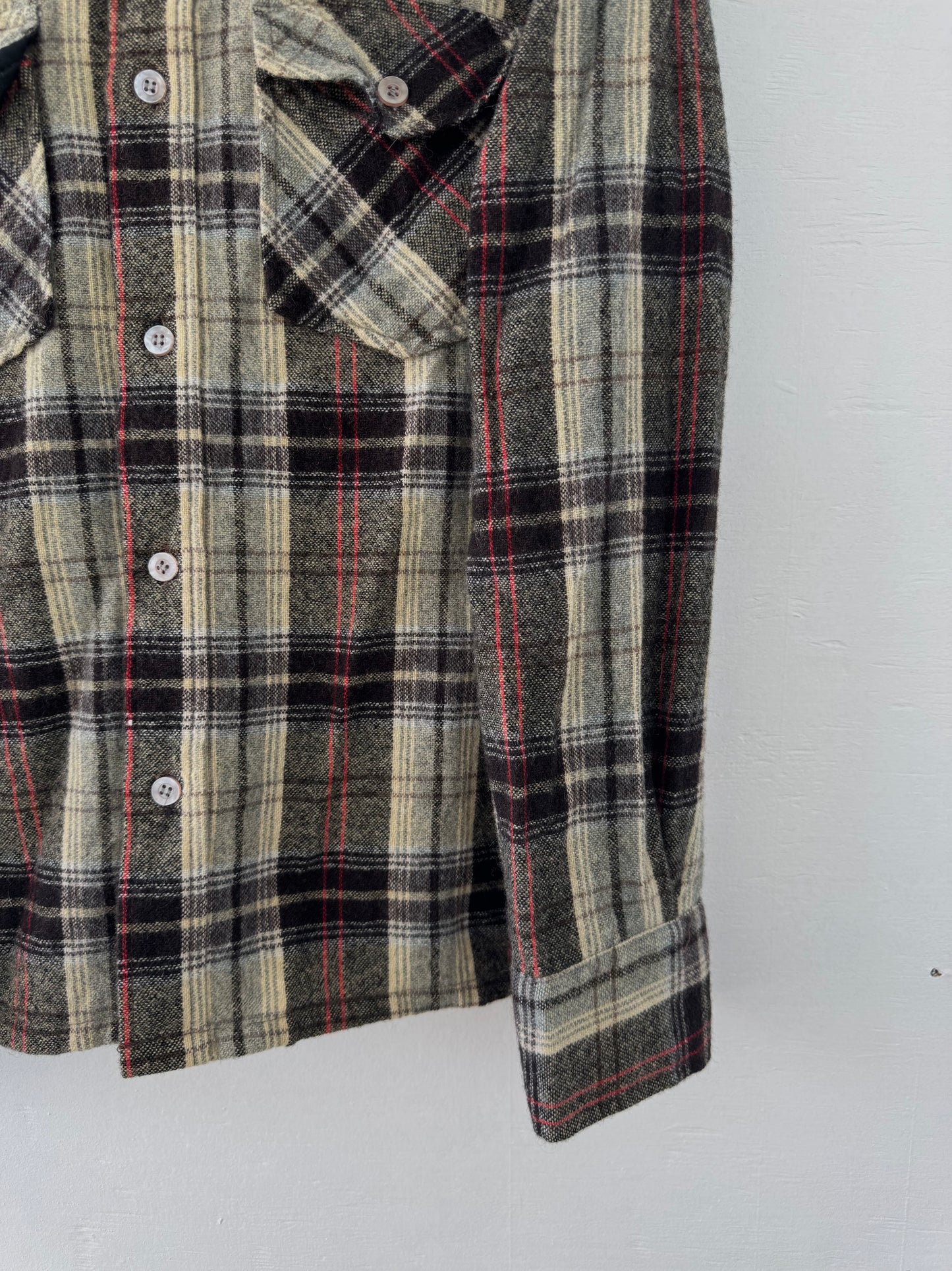 Vintage 1970s Wool Button Down Plaid Shirt Jacket