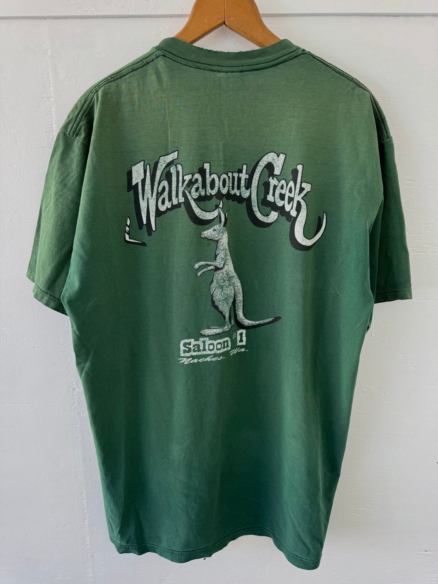 Vintage Green Sun Faded Naches Washington Walkabout Creek Saloon T-Shirt