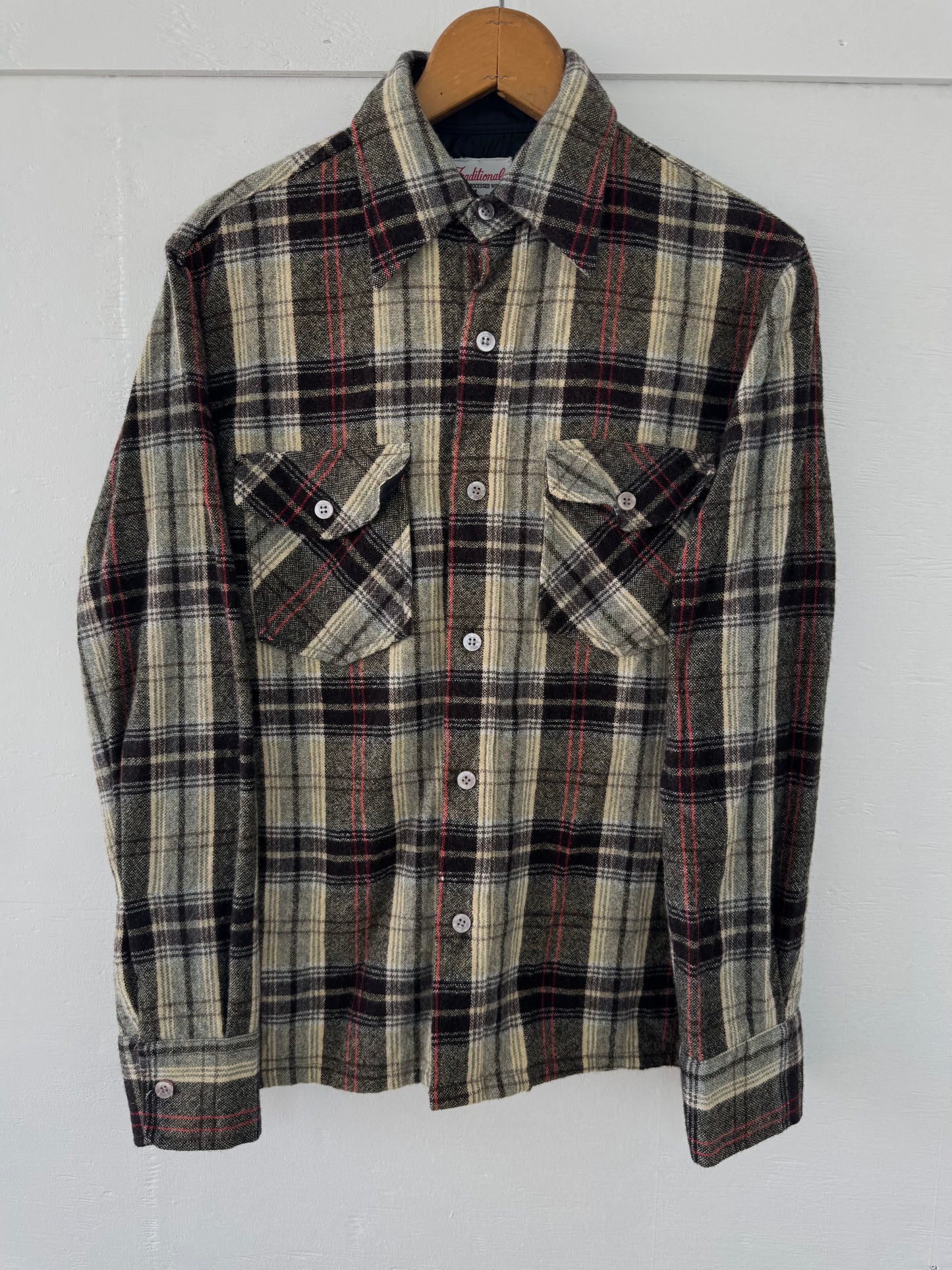 Vintage 1970s Wool Button Down Plaid Shirt Jacket